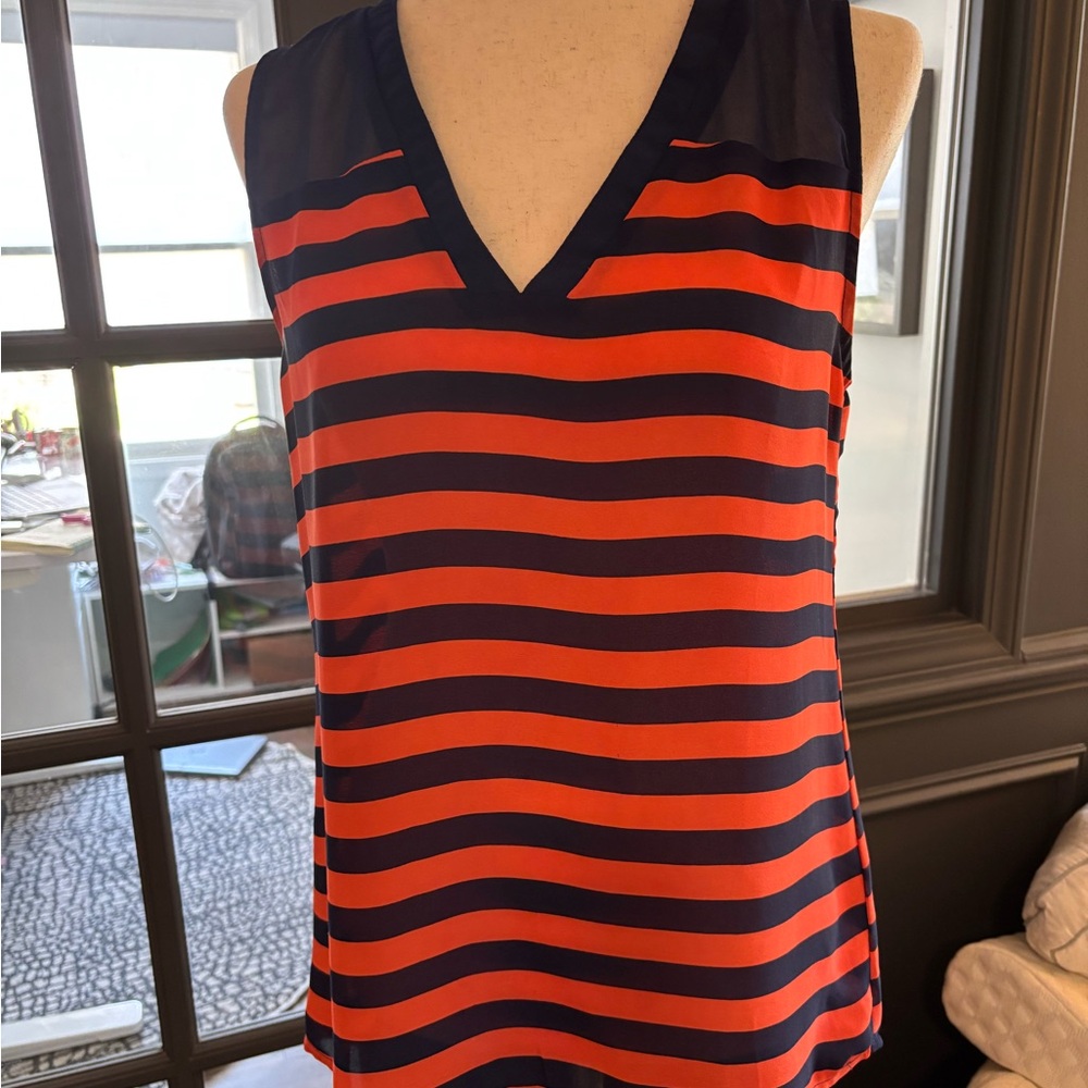Striped V-Neck Sleeveless Top - Orange and Blue